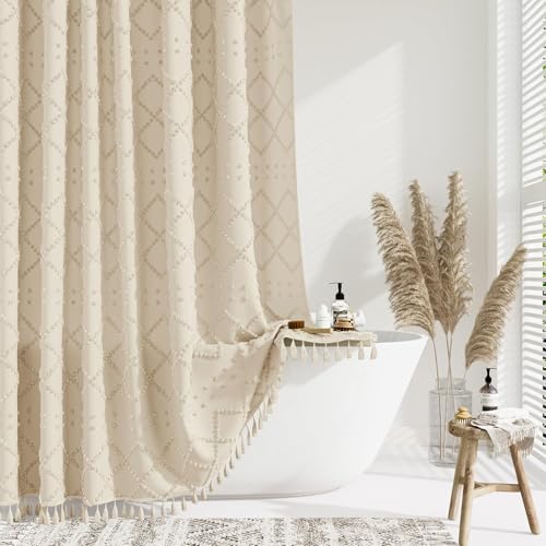 Duschvorhang 180x200 cm Beige Diamant Boho Tufted Chevron Streifen, Antischimmel Textil, Wasserabweisend, Waschbar Polyester Badevorhänge mit 12 Ösen und Duschvorhangringen für Badezimmer, Badewanne von Lerores
