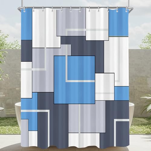 Duschvorhang 180x200 cm Quadrate Mondlicht Blau, Beschwerter Saum Antischimmel Textil, Wasserabweisend, Waschbar Polyester Badevorhänge mit 12 Ösen und Duschvorhangringen für Badezimmer, Badewanne von Lerores
