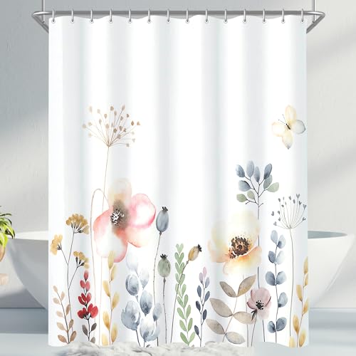 Lerores Duschvorhang 100x180cm, Blumen Pflanze Beschwerter Saum Antischimmel Textil, Wasserabweisend, Waschbar Polyester Stoff Badevorhänge für Badezimmer, Badewanne mit 7 Duschvorhangringe von Lerores