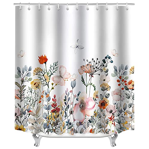 Lerores Duschvorhang 100x200cm Blumen, Beschwerter Saum Antischimmel Textil, Wasserabweisend, Waschbar Polyester Badevorhänge mit Ösen und 8 Duschvorhangringe für Badezimmer, Badewanne von Lerores