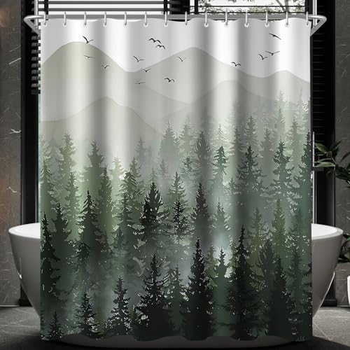 Lerores Duschvorhang 120x200cm, Wald Antischimmel Textil, Beschwerter Saum Wasserabweisend, Waschbar Polyester Stoff Badevorhänge mit 8 Ösen und Duschvorhangringe für Badezimmer, Badewanne von Lerores
