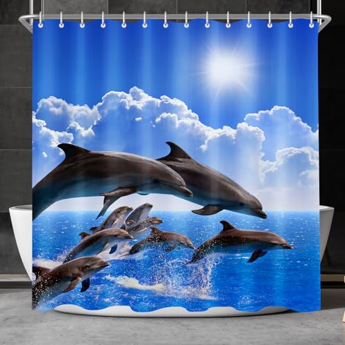 Lerores Duschvorhang 120x200cm Delphin, Beschwerter Saum Antischimmel Textil, Wasserabweisend, Waschbar Polyester Stoff Badevorhänge mit 8 Ösen und Duschvorhangringe für Badezimmer, Badewanne von Lerores