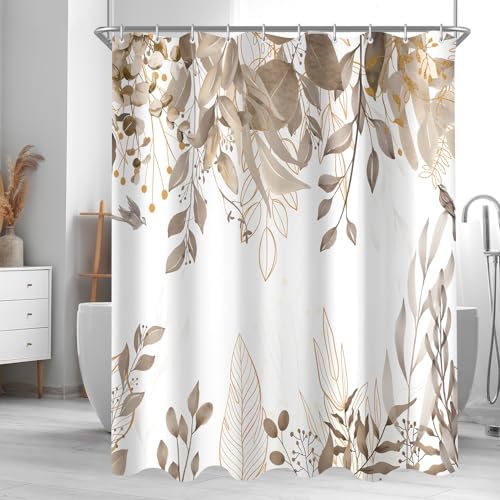 Lerores Duschvorhang 120x200cm Grau Herbstblätter, Beschwerter Saum Antischimme, Wasserabweisend, Waschbar Polyester Badevorhänge mit Ösen und 12 Duschvorhangringen für Badezimmer, Badewanne von Lerores