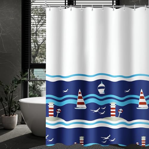 Lerores Duschvorhang 150x180cm Blaues Segel, Beschwerter Saum Antischimmel Textil, Wasserabweisend, Waschbar Polyester Stoff Badevorhänge mit Ösen und 10 Duschvorhangringen für Badezimmer, Badewanne Lerores Duschvorhang 150x180cm Blaues Segel, Beschwerter Saum Antischimmel Textil, Wasserabweisend, Waschbar Polyester Stoff Badevorhänge mit Ösen und 10 Duschvorhangringen für Badezimmer, Badewanne von Lerores