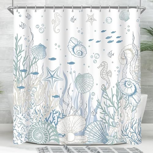 Lerores Duschvorhang 150x200cm, Meeresboden Antischimmel Textil, Beschwerter Saum Wasserabweisend, Waschbar Polyester Stoff Badevorhänge mit Ösen und 8 Duschvorhangringe für Badezimmer, Badewanne von Lerores