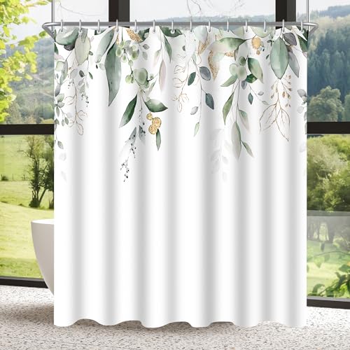 Lerores Duschvorhang 180x180cm Goldene Blätter, Beschwerter Saum Antischimmel Textil, Wasserabweisend, Waschbar Polyester Badevorhänge mit 12 Ösen und Duschvorhangringe für Badezimmer, Badewanne von Lerores