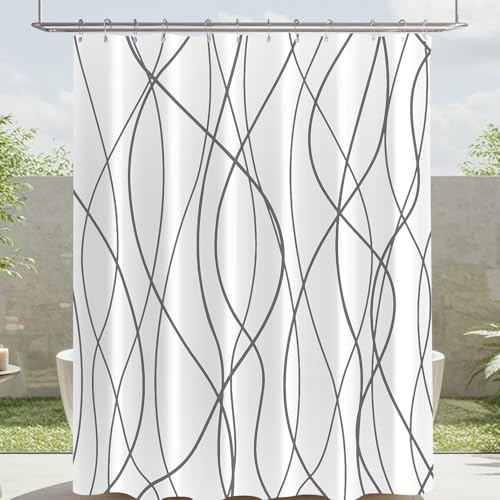Lerores Duschvorhang 180x200 cm Grau Kurven, Beschwerter Saum Antischimmel Textil, Wasserabweisend, Waschbar Polyester Badevorhänge mit Ösen und 12 Duschvorhangringe für Badezimmer, Badewanne von Lerores