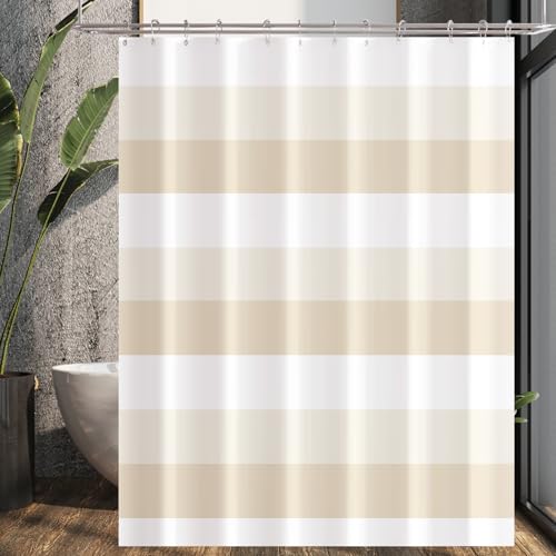 Lerores Duschvorhang 180x200 cm Schiene Beige, Beschwerter Saum Antischimmel Textil, Wasserabweisend, Waschbar Polyester Badevorhänge mit Ösen und 12 Duschvorhangringe für Badezimmer, Badewanne von Lerores