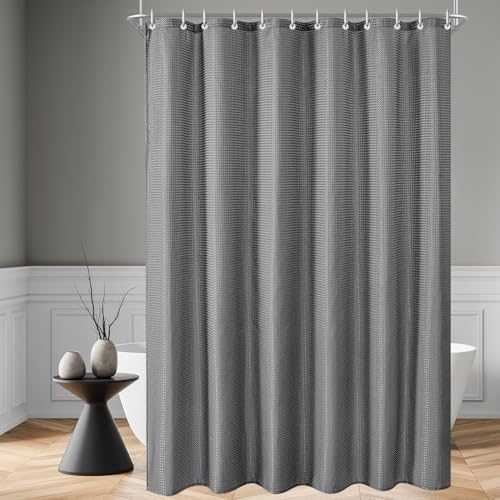 Lerores Duschvorhang 180x200 cm Waffel Grau, Beschwerter Saum Antischimmel Textil, Wasserabweisend, Waschbar Polyester Stoff Badevorhänge für Badezimmer, Badewanne mit 12 Duschvorhangringe von Lerores