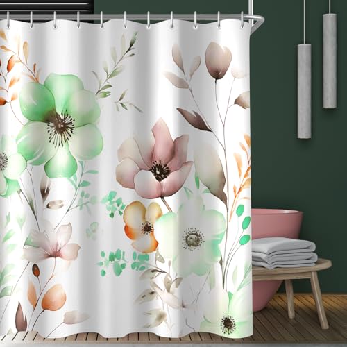 Lerores Duschvorhang 180x200cm, Blumen Zeichnen Antischimmel Textil, Beschwerter Saum Wasserabweisend, Waschbar Polyester Badevorhänge mit 12 Ösen und Duschvorhangringe für Badezimmer, Badewanne von Lerores