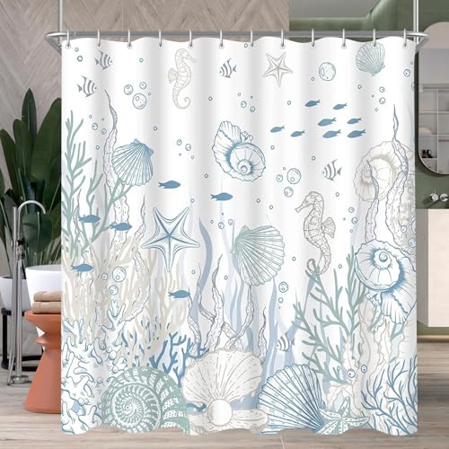 Lerores Duschvorhang 180x200cm, Meeresboden Antischimmel Textil, Beschwerter Saum Wasserabweisend, Waschbar Polyester Stoff Badevorhänge mit Ösen und 12 Duschvorhangringe für Badezimmer, Badewanne von Lerores