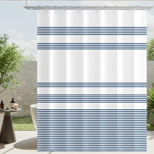 Lerores Duschvorhang 180x200cm Blau Streifendesign, Beschwerter Saum Antischimmel Textil, Wasserabweisend, Waschbar Polyester Badevorhänge mit Ösen und 12 Duschvorhangringe für Badezimmer, Badewanne von Lerores