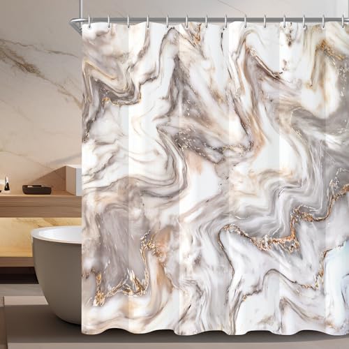 Lerores Duschvorhang 180x200cm Graugelb Marmor Beschwerter Saum Antischimmel Textil, Wasserabweisend, Waschbar Polyester Stoff Badevorhänge mit Ösen und 12 Duschvorhangringe für Badezimmer, Badewanne von Lerores