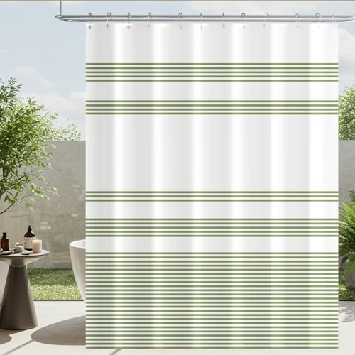 Lerores Duschvorhang 180x200cm Grün Streifendesign, Beschwerter Saum Antischimmel Textil, Wasserabweisend, Waschbar Polyester Badevorhänge mit Ösen und 12 Duschvorhangringe für Badezimmer, Badewanne von Lerores
