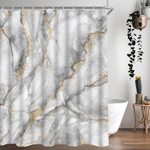Lerores Duschvorhang 180x200cm Marmor, Beschwerter Saum Antischimmel Textil, Wasserabweisend, Waschbar Polyester Badevorhänge mit 12 Ösen und Duschvorhangringe für Badezimmer, Badewanne von Lerores