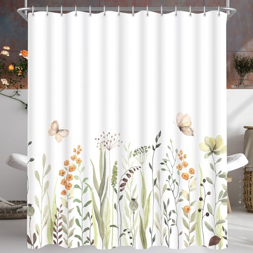 Lerores Duschvorhang 200x200cm Frische Schmetterling Blumen, Beschwerter Saum Antischimmel, Wasserabweisend, Polyester Badevorhänge mit 12 Ösen und Duschvorhangringen für Badezimmer, Badewanne von Lerores