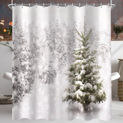 Lerores Duschvorhang 200x200cm Weihnachtsbaum, Beschwerter Saum Antischimmel Textil, Wasserabweisend, Waschbar Polyester Badevorhänge mit Ösen und 12 Duschvorhangringe für Badezimmer, Badewanne von Lerores