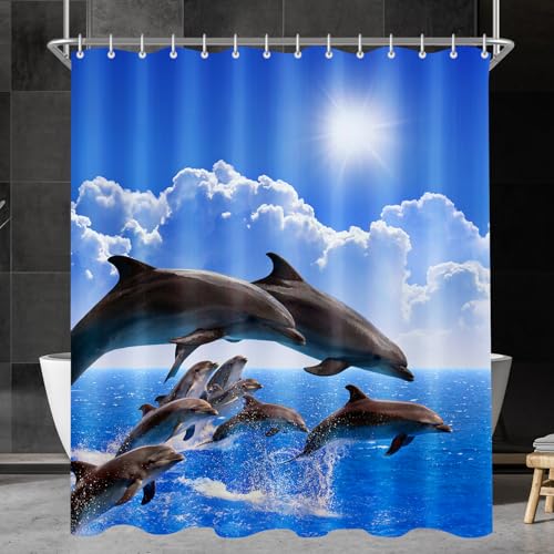 Lerores Duschvorhang 220x200cm Delphin, Beschwerter Saum Antischimmel Textil, Wasserabweisend, Waschbar Polyester Stoff Badevorhänge mit 12 Ösen und Duschvorhangringe für Badezimmer, Badewanne von Lerores