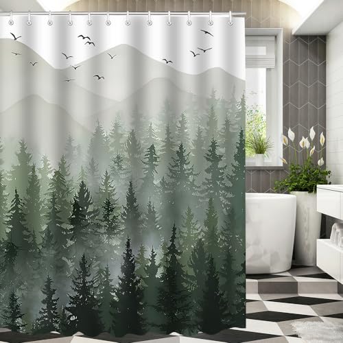 Lerores Duschvorhang 240x180cm, Wald Antischimmel Textil, Beschwerter Saum Wasserabweisend, Waschbar Polyester Stoff Badevorhänge 16 mit Ösen und Duschvorhangringe für Badezimmer, Badewanne von Lerores