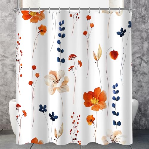 Lerores Duschvorhang 240x200 cm Orange & Navy Blume,Beschwerter Saum Antischimmel,Wasserabweisend, Waschbar Polyester Badevorhänge mit 16 Ösen und Duschvorhangringe für Badezimmer,Badewanne von Lerores