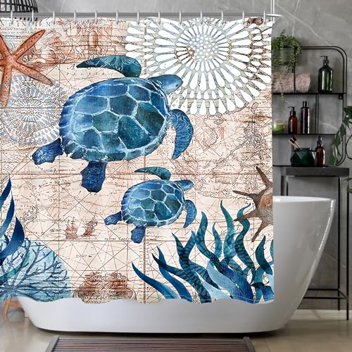 Lerores Duschvorhang 240x200cm Meeresschildkröte, Beschwerter Saum Antischimmel, Wasserabweisend, Waschbar Polyester Stoff Badevorhänge mit Ösen und 16 Duschvorhangringe für Badezimmer, Badewanne von Lerores