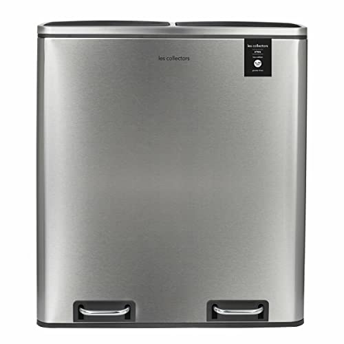 Les Collectors Treteimer aus gebürstetem Edelstahl N°904 Fassungsvermögen 60 L, 2 Fächer 30 L, Widerstandsfähig, Küche, Abnehmbare Eimer, Recycling, Mülltrennung, Geräuschloser Deckelverschluss von Les Collectors