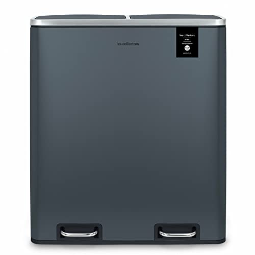 Les Collectors Treteimer N°906 Fassungsvermögen 60 L, 2 Fächer 30 L, Widerstandsfähig, Küche, Herausnehmbare Eimer, Recycling, Mülltrennung, Geräuschloser Deckelverschluss, Blaugrau von Les Collectors