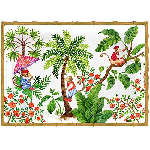 Les Jardins de la Comtesse - Großes rechteckiges Serviertablett - 50 cm - Affen aus Bali - Korallenrot/Grün - Großes Tablett : Kollektion MelARTmine - Unzerbrechliches Geschirr von Les Jardins de la Comtesse