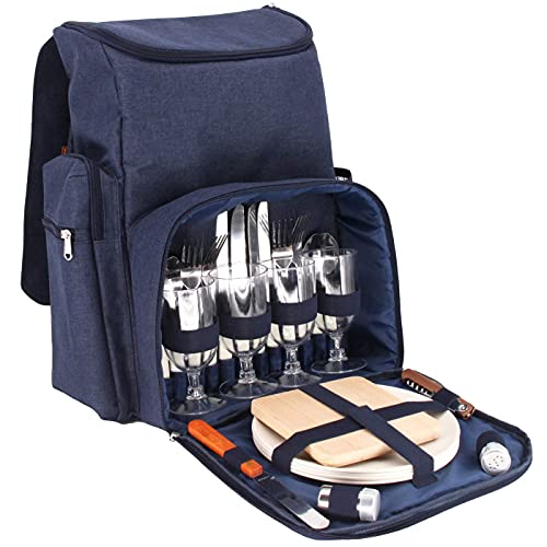 Les Jardins de la Comtesse Picknick-Rucksack, für 4 Personen, Blau, komplett mit Thermofach, robust und leicht, viele Taschen, 29 x 15 x 44 cm von Les Jardins de la Comtesse