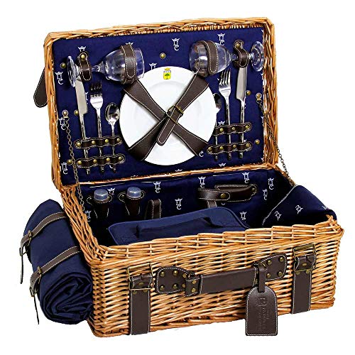 Les Jardins de la Comtesse - Picknick Wicker und Leder Champs-Elysees Blau - Picknickkorb Full / 2 Personen - Isolierfach - Teller Keramik und Weingläser - 48 x 33 x 21 cm von Les Jardins de la Comtesse