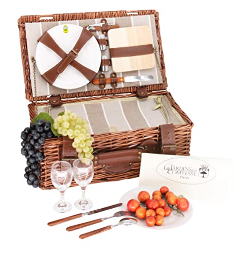 Les Jardins de la Comtesse - Picknickkorb Amboise - Komplett Für 2 Personen - Kühlfach - Keramikteller und Weingläsern - Gestreifter Stoff - 46 x 26 x 18 cm von Les Jardins de la Comtesse