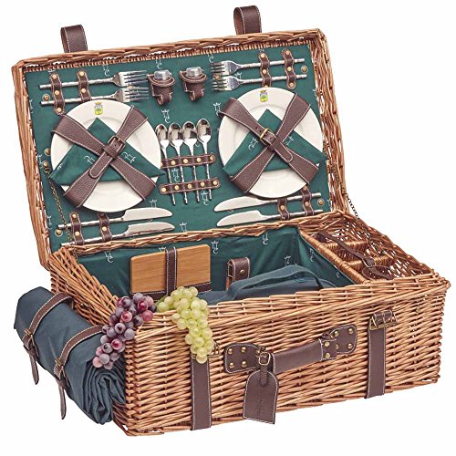 Les Jardins de la Comtesse - Picknickkorb Champs Elysees Grün - Wicker und Leder - Komplett Für 4 Personen - Kühlfach - Keramikteller und Weingläsern/Einer Wasserdichten Tischdecke - 57 x 37 x 23 cm von Les Jardins de la Comtesse