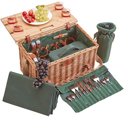 Les Jardins de la Comtesse - Picknickkorb Saint Honoré Grün aus Weide - Lederriemen - Komplett Für 4 Personen - Isoliertasche und Tisch Herausnehmbare/Porzellan Teller und Weingläsern - 45x28x28cm von Les Jardins de la Comtesse