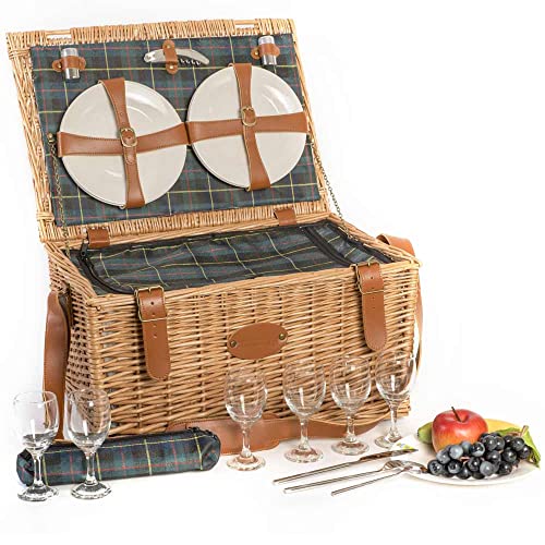 Les Jardins de la Comtesse - Picknickkorb Trianon Grün aus Weide - Lederriemen - Komplett Für 6 Personen - Kühlfach - Keramikteller und Weingläsern - Grün Stoff - 52 x 36 x 27 cm von Les Jardins de la Comtesse