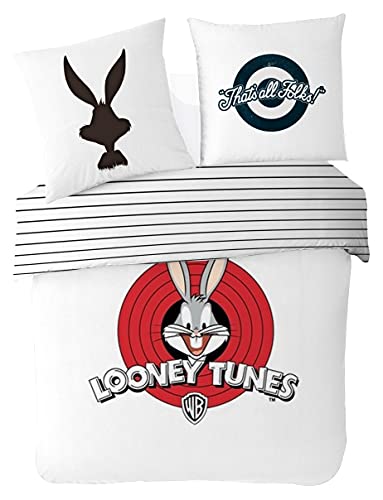 Looney Tunes – Bettbezug ADO 200 x 200 cm + 2 Kopfkissenbezüge 63 x 63 cm – Bettwäsche für Doppelbett – Weiß – 100 % Baumwolle von Les Looney Tunes