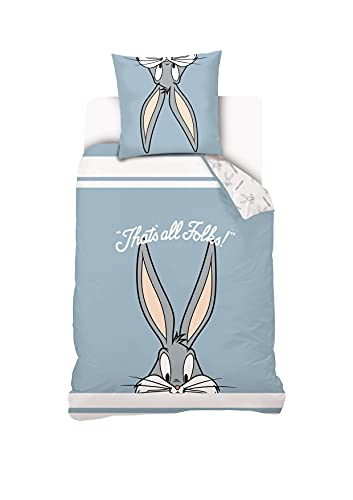 Looney Tunes – Bettbezug Bugs Bunny Kinder 140 x 200 cm + Kissenbezug 63 x 63 cm – Bettwäsche für Einzelbett – Blau – 100% Baumwolle von Les Looney Tunes