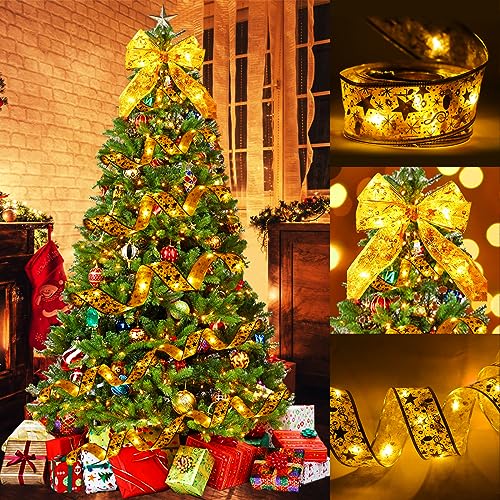 10M Weihnachtsband Lichter, Weihnachtsband Lichterkette mit 100 LED Weihnachtsbaum Band Glänzende Band Lichterkette Schleife Lichterkette, für Innen und Außenbereich Weihnachtsdekoration (Gold) von Les-Theresa