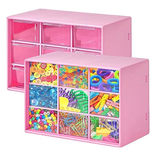 2 Stück Bastelbox Aufbewahrung mit 9 Schubladen, Aufbewahrungsbox für Kleinteile 3 Stöckige Schreibtisch Aufbewahrungsbox, für Büro Stationäre, Schreibtisch Tischplatte Kosmetik (Rose) von Les-Theresa