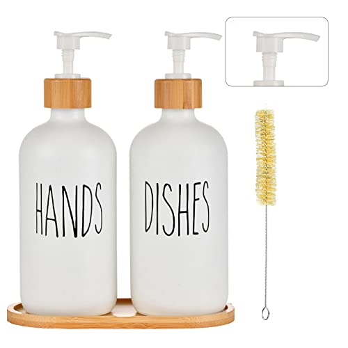 2 Stück Glas Seifenspender Set,500ml,Glas Pumpspender Mit Tablett,Shampoo Handseifenspender Spülmittelspender Set,Mit Pinsel für Bad Dusche Arbeitsplatte Küche Waschküche (2 weiß) von Les-Theresa