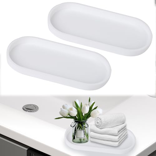 2er Set Deko Tablett für Badezimmer, 24.5 * 11 * 2cm Badezimmer Tablett Silikon, Dekotablett Oval für Waschbecken, Schminktisch, Bad Deko für Küchenspüle, Schlafzimmer, Badewanne (Weiß) von Les-Theresa