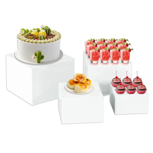 4 Stück Buffet Ständer Acryl, Buffet Erhöhungen Weiße Acryl Dessert Ständer Buffet Riser Acrylic Stand, Verschiedene Größen Präsentationsständer, für Catering, Desserts, Schmuckfiguren, Anzeigen von Les-Theresa