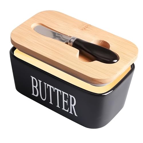 Les-Theresa Butterdose 600ml, Keramik, Schwarz, mit Bambusdeckel und Buttermesser, Luftdicht, für Haushalt und Küche von Les-Theresa