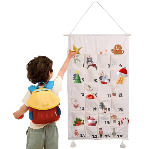 71 * 124cm Adventskalender zum Befüllen Stoff, Adventskalender zum Befüllen Wand mit 24 Taschen, Wiederverwendbar Stoff Adventskalender Adventskalender zum Aufhängen, für Junge Mädchen Geschenk von Les-Theresa