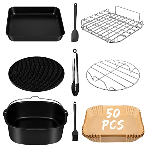 Heißluftfritteuse Zubehör, 9-teiliges Set, mit 50 Blatt Backpapier, Tablett Bürsten Clip Set, Universell Luftfritteusen Zubehör für die meisten Fritteusen ab 5,5L wie z.B. COSORI 5,5L von Les-Theresa