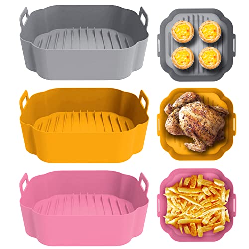 Air Fryer Silikon Pot, 3 Stück Silikon Backform Für Heißluftfritteuse, 8 Zoll Wiederverwendbarem Backblech, Verdicktem Quadratischem Silikonform Zubehör (Rosa + Grau + Ingwer) von Les-Theresa