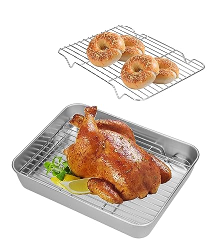 Grillschale Edelstahl Bräter mit Rost Spareribs Halter Grill Gasgrill Zubehör Grillschalen Für Gasgrill Bratpfanne Und Rost Set, Rechteckiger Bräter Mit Rost(23.5 * 17.5 * 5CM) von Les-Theresa