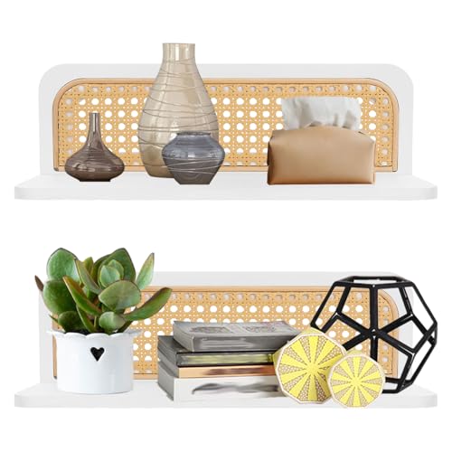 Les-Theresa 2er Set Wandregal Rattan, 40 * 12.2 * 13 cm Wandregal Weiß Boho Regal Holz Schwebend mit Schrauben Regal Wand Schwebend Holz, Wanddeko für Eingangsbereich, Wohnzimmer, Arbeitszimmer von Les-Theresa