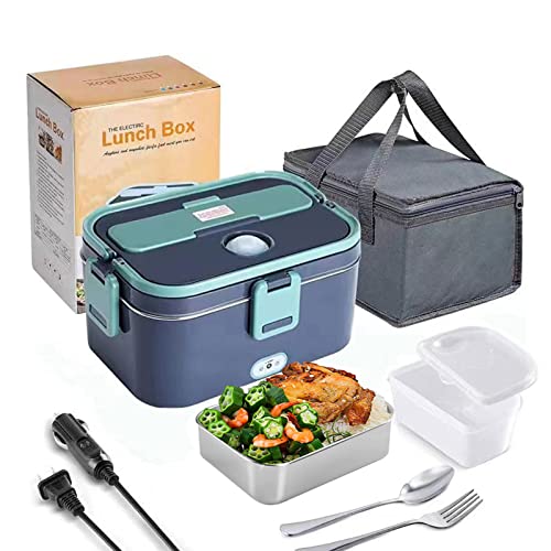 Les-Theresa Elektrische Lunchbox, 1,8L 3 In 1 Edelstahl Tragbare Speisenwärmer 60W 12V 24V 220V Elektrisch Bento Boxen mit Besteck und Tasche für Auto Büro Haushalt Camping von Les-Theresa