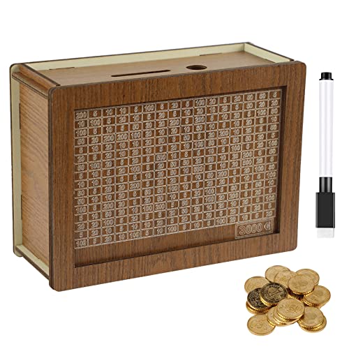 Spardose, 20 * 14.5 * 6.5cm Cash Box, Wiederverwendbare Sparbox Geldsparbox Holz Geld Sparen Box Cash Saving Box Große Geldbox Sparen mit Abwischbarer Stift, für Hilft Gewohnheit zum Sparen (3000€) von Les-Theresa