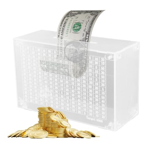 Transparent Sparbox mit Zahlen Ankreuzen,Sparbox 5000 Euro,Acryl Transparente Sparbüchse,Spardose Kinder,Spardose mit Zähler,Leicht zu Montieren,für Geldgeschenk Zum Geburtstag von Les-Theresa